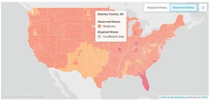 map, coronavirus, united states, connected thermometers