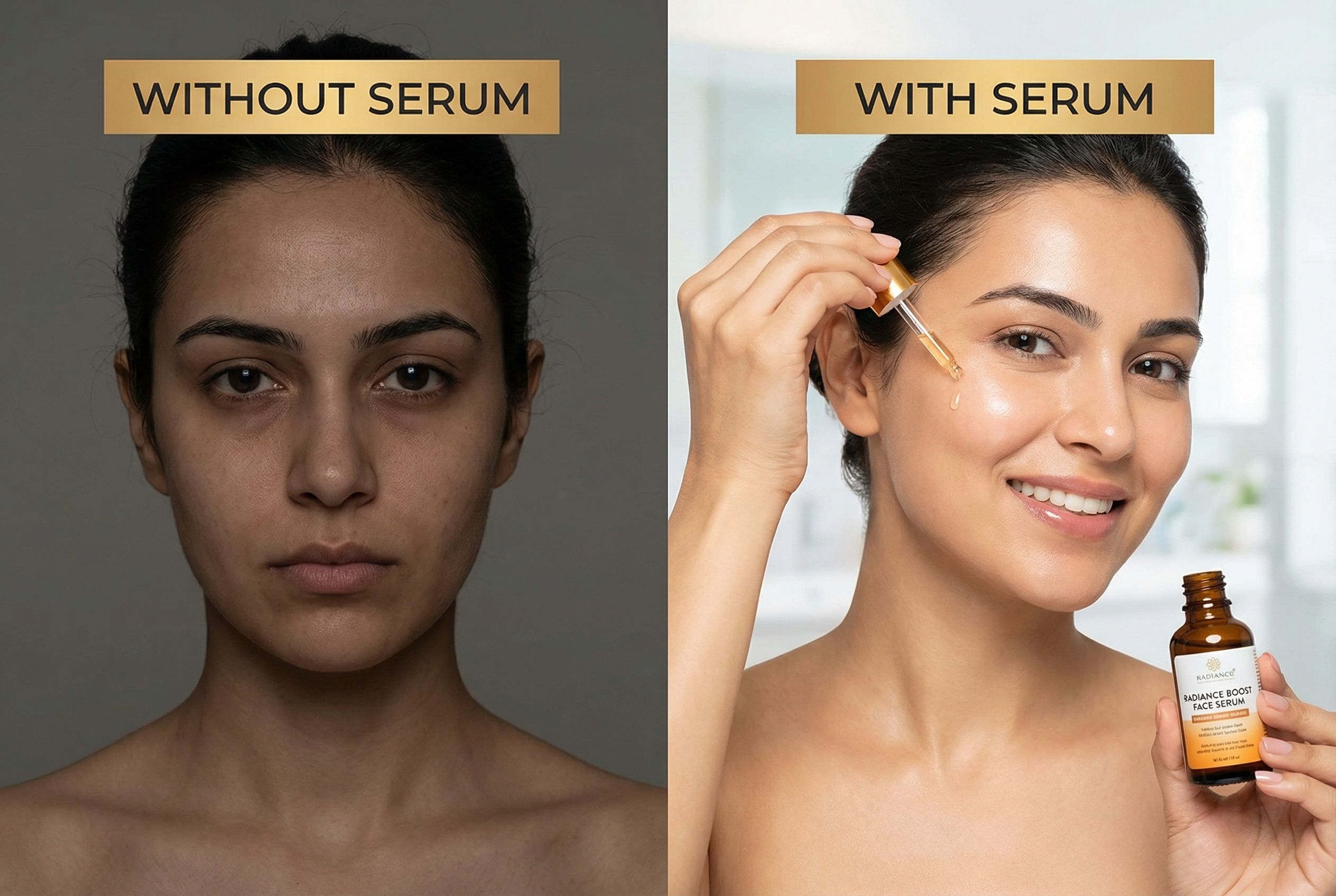 generate an image of a woman using a face serum like an image to use for ad. like one with face serum and another without a face serum.