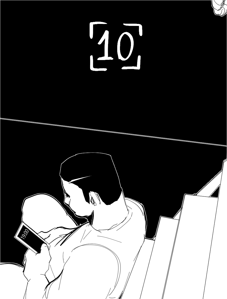 Desenho monocromático. O desenho apresenta uma perspectiva de cima, mostrando Nicolas sentado na parte de baixo de uma escada dobrável. No topo direito da imagem há um vislumbre de uma corda. No topo da imagem há o número dez para indicar o capítulo.