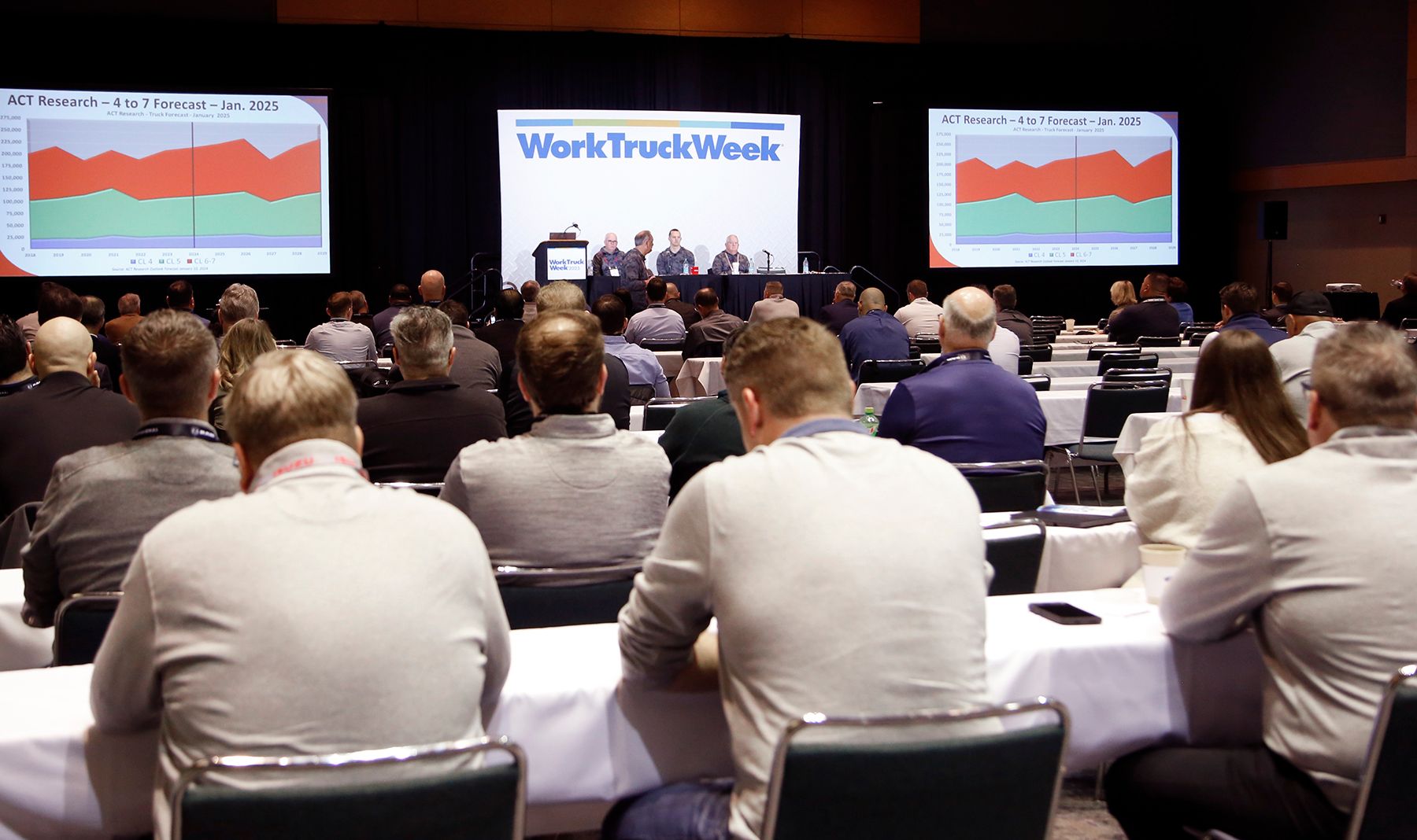 Fleet professionals attend an educational session at Work Truck Week discussing commercial vehicle forecasts and buying trends.
