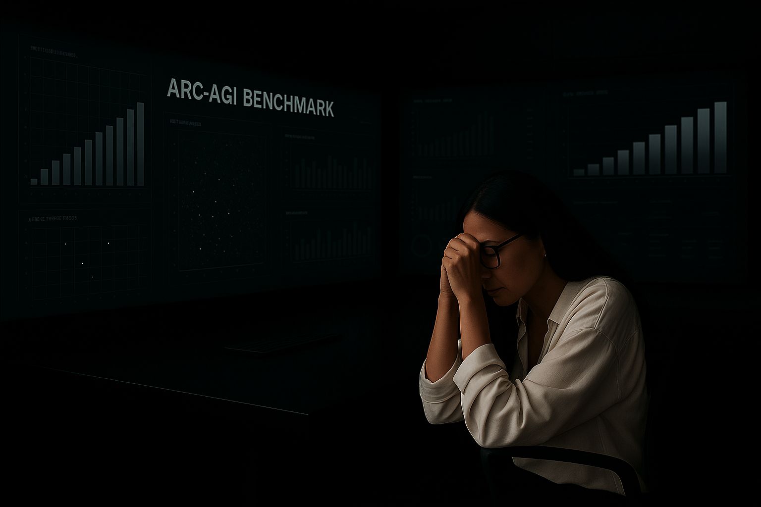 A woman in a dimly lit modern office sits with her head resting on her hands, deep in thought, in front of large glowing screens displaying ARC-AGI benchmark charts and data visualizations.