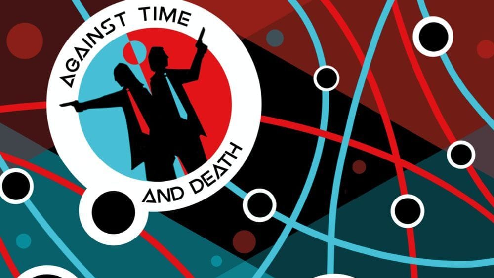 Abstract art that I think represents time and space, along with a pair of black-suited agents standing back to back, armed with guns. This is pretty serious stuff