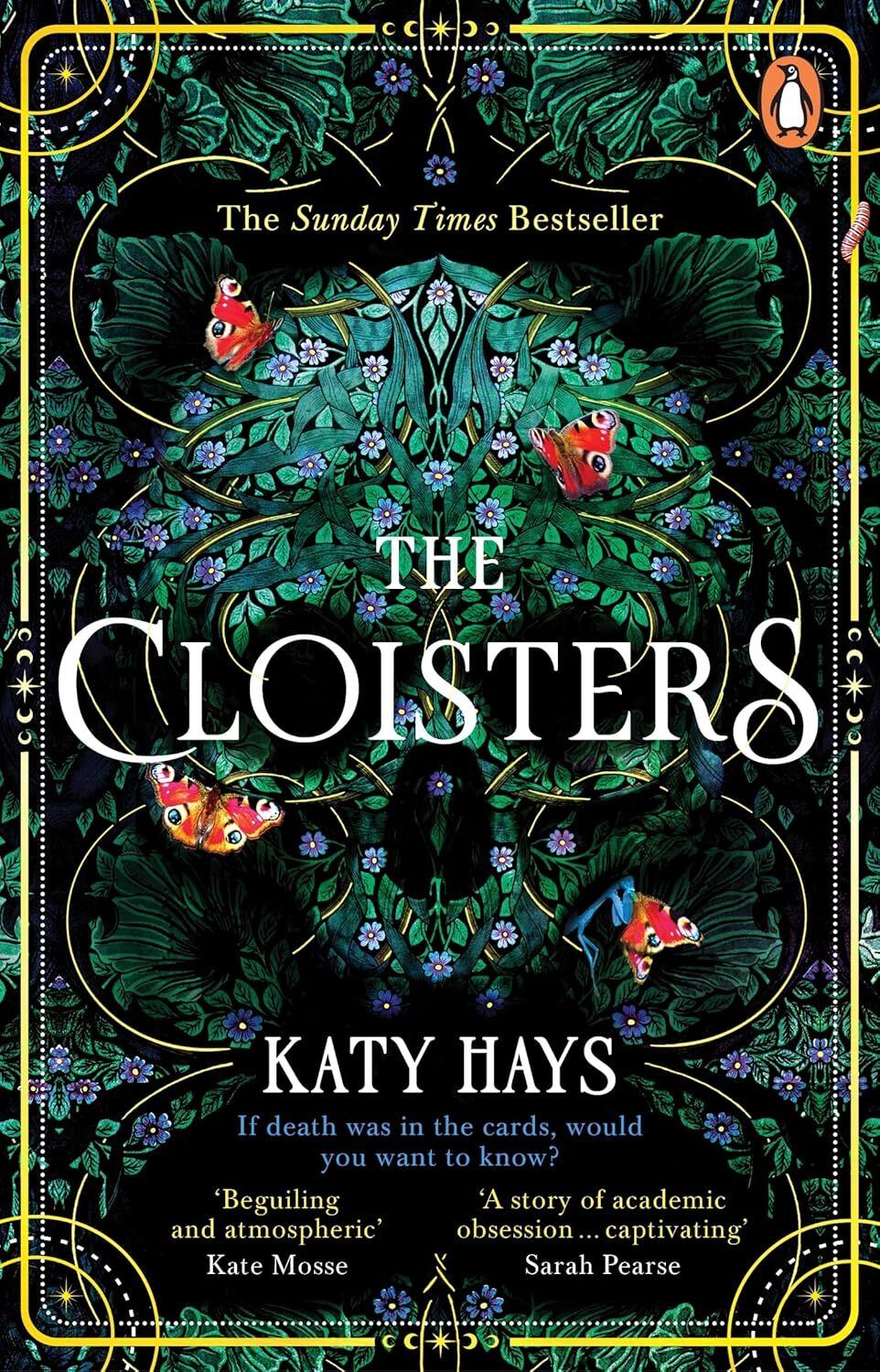 Lush green and black floral design with butterflies, overlaid with gold text and the tagline: “A story of academic obsession.”