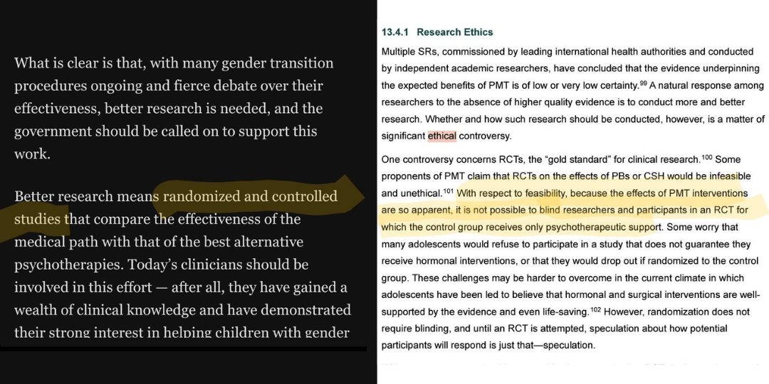WaPo: What is clear is that, with many gender transition procedures ongoing and fierce debate over their effectiveness, better research is needed, and the government should be called on to support this work. Better research means randomized and controlled studies that compare the effectiveness of the medical path with that of the best alternative psychotherapies. Today's clinicians should be involved in this effort - after all, they have gained a wealth of clinical knowledge and have demonstrated their strong interest in helping children with gender; HHS: 13.4.1 Research Ethics Multiple SRs, commissioned by leading international health authorities and conducted by independent academic researchers, have concluded that the evidence underpinning the expected benefits of PMT is of low or very low certainty. 99 A natural response among researchers to the absence of higher quality evidence is to conduct more and better research. Whether and how such research should be conducted, however, is a matter of significant ethical controversy. One controversy concerns RCTs, the "gold standard" for clinical research, 100 Some proponents of PMT claim that RCTs on the effects of PBs or CSH would be infeasible and unethical. 101 With respect to feasibility, because the effects of PMT interventions are so apparent, it is not possible to blind researchers and participants in an RCT for which the control group receives only psychotherapeutic support. Some worry that many adolescents would refuse to participate in a study that does not guarantee they receive hormonal interventions, or that they would drop out if randomized to the control group. These challenges may be harder to overcome in the current climate in which adolescents have been led to believe that hormonal and surgical interventions are well-supported by the evidence and even life-saving. 102 However, randomization does not require blinding, and until an RCT is attempted, speculation about how potential participants will respond is just that-speculation.
