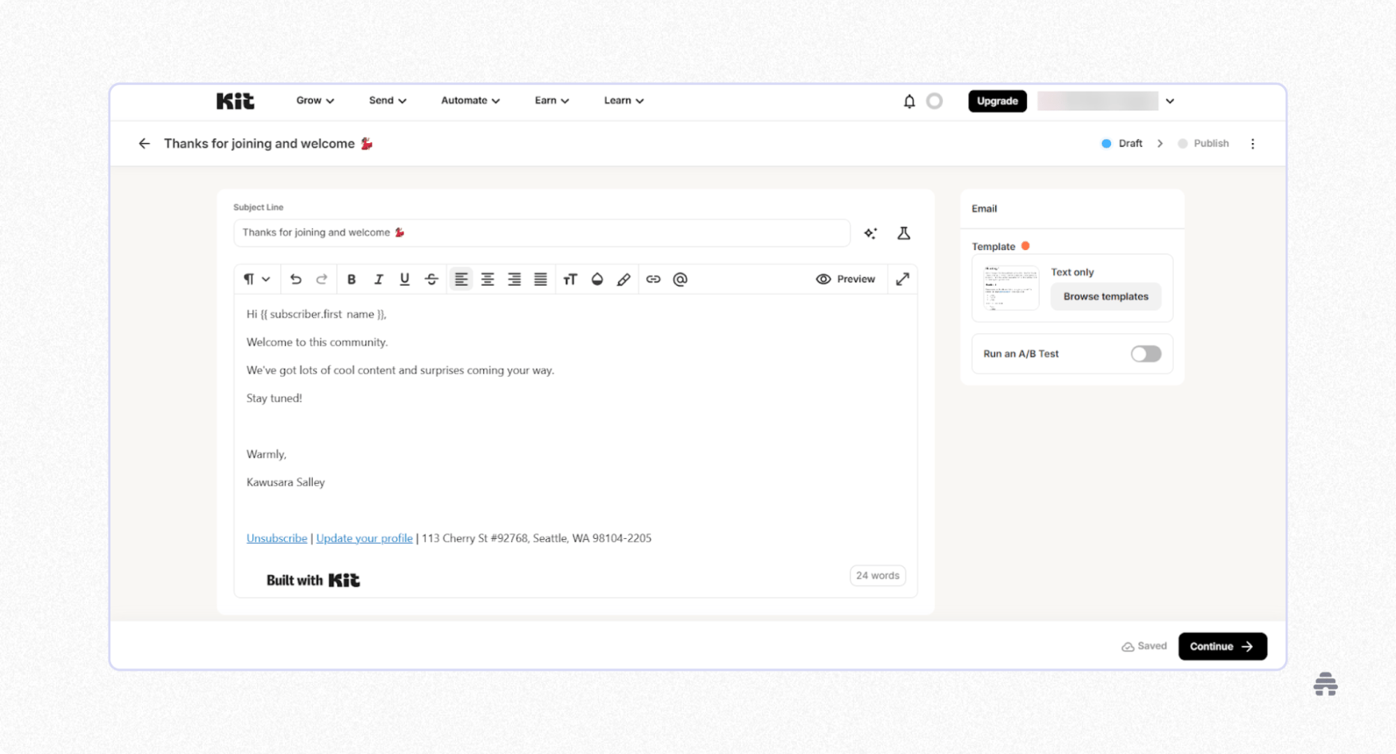 Kit email editor showing a creator writing a welcome newsletter, customizing subject line, template, and running A/B tests before sending.