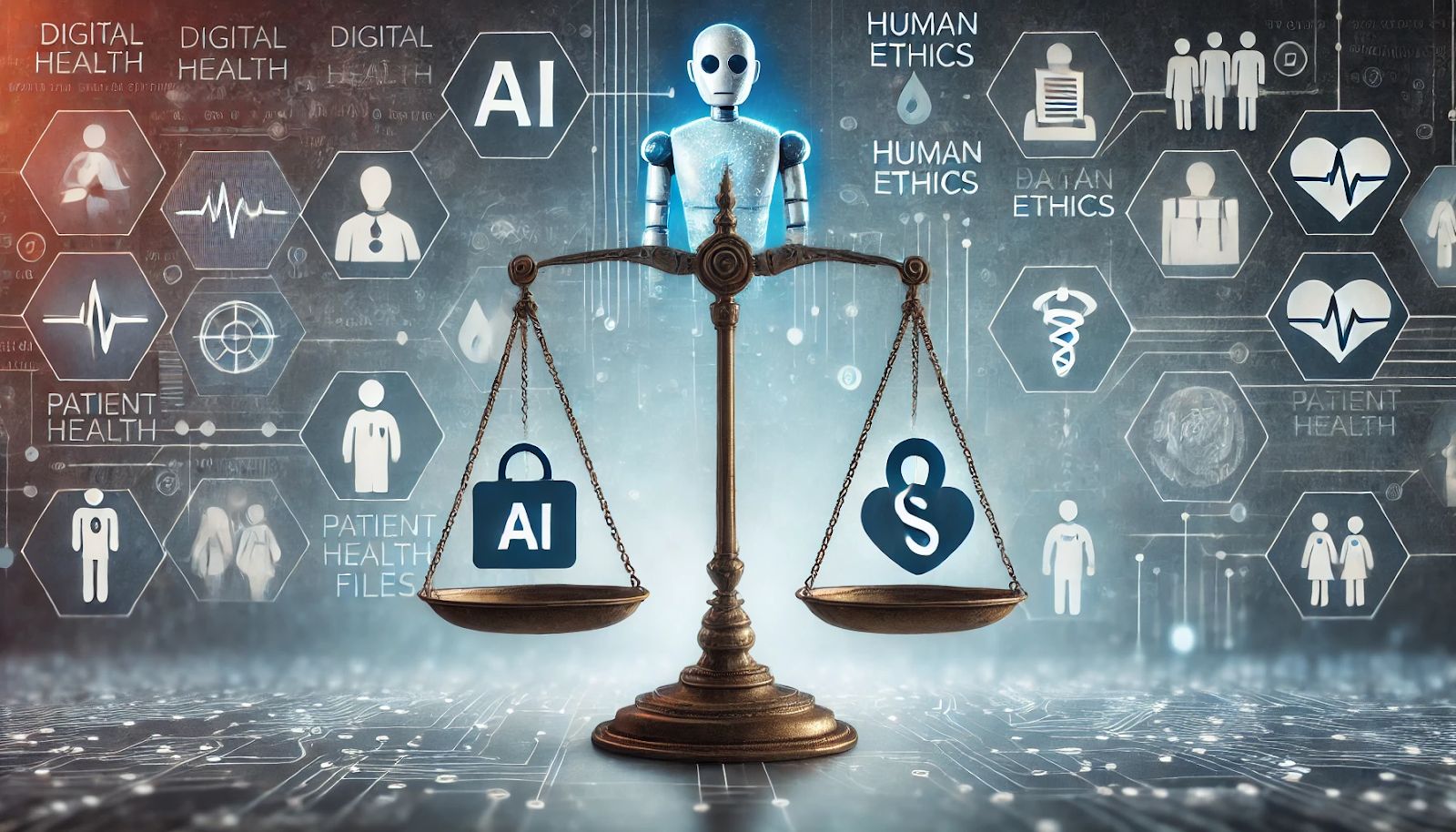 A conceptual image of a balance scale with AI technology and human ethics, symbolizing the need to balance digital innovation with ethical considerations in telemedicine.