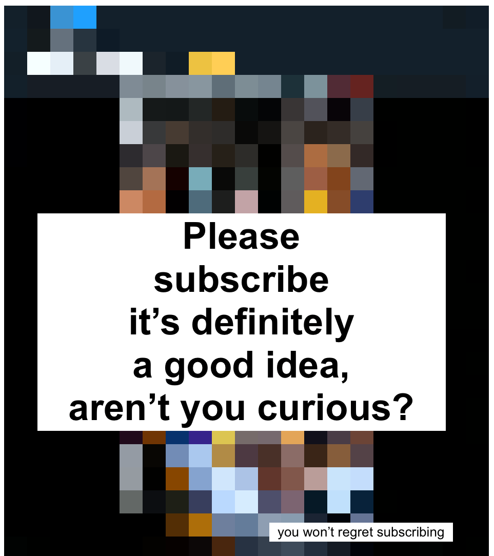 A heavily pixelated screenshot of the link in question, overlaid with a text box that reads “Please subscribe it’s definitely a good idea, aren’t you curious?” and then much smaller “you won’t regret subscribing” 