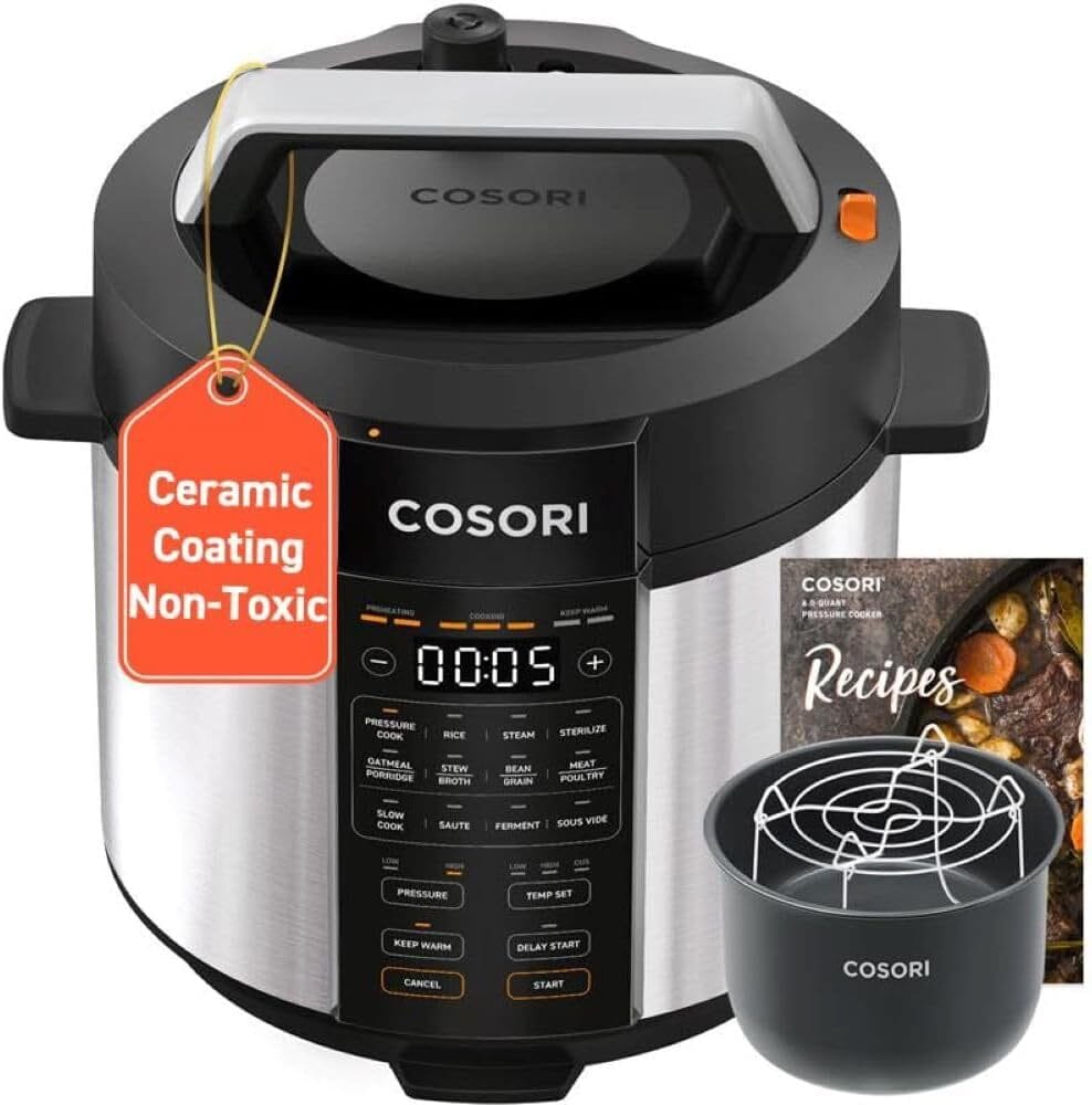 COSORI 6-Quart Pressure Cooker – Sleek stainless steel cooker with safety venting lid design, shown beside a display of cooked rice and sautéed vegetables. Clean interface highlighted.