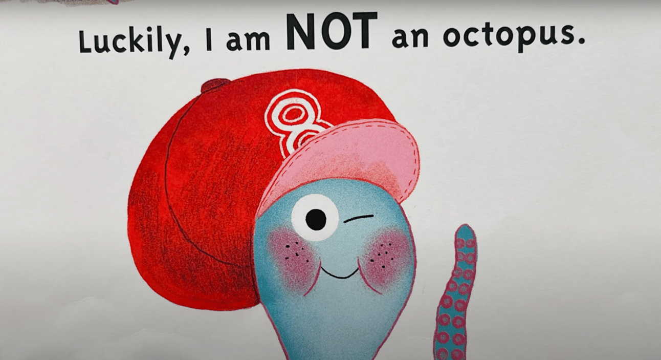 Terry, a blue octopus wearing red #8 hat, holds up a tentacle and winks. Text readers, "Luckily, I am NOT an octopus."