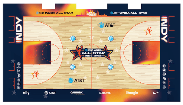 A rendering of the 2025 WNBA All-Star court, featuring four-point dots