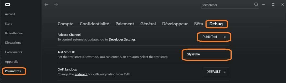Menu Debug App Oculus PC