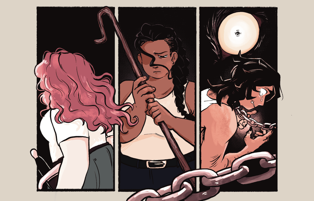 Illustration by Sastreon of Nieve, Shep, and Wayne from The Shepherd's Sword. Nieve has her back turned to the viewer. Shep holds her staff pensively. Wayne grips at chains under the eye of a wolf that looks like a full moon.