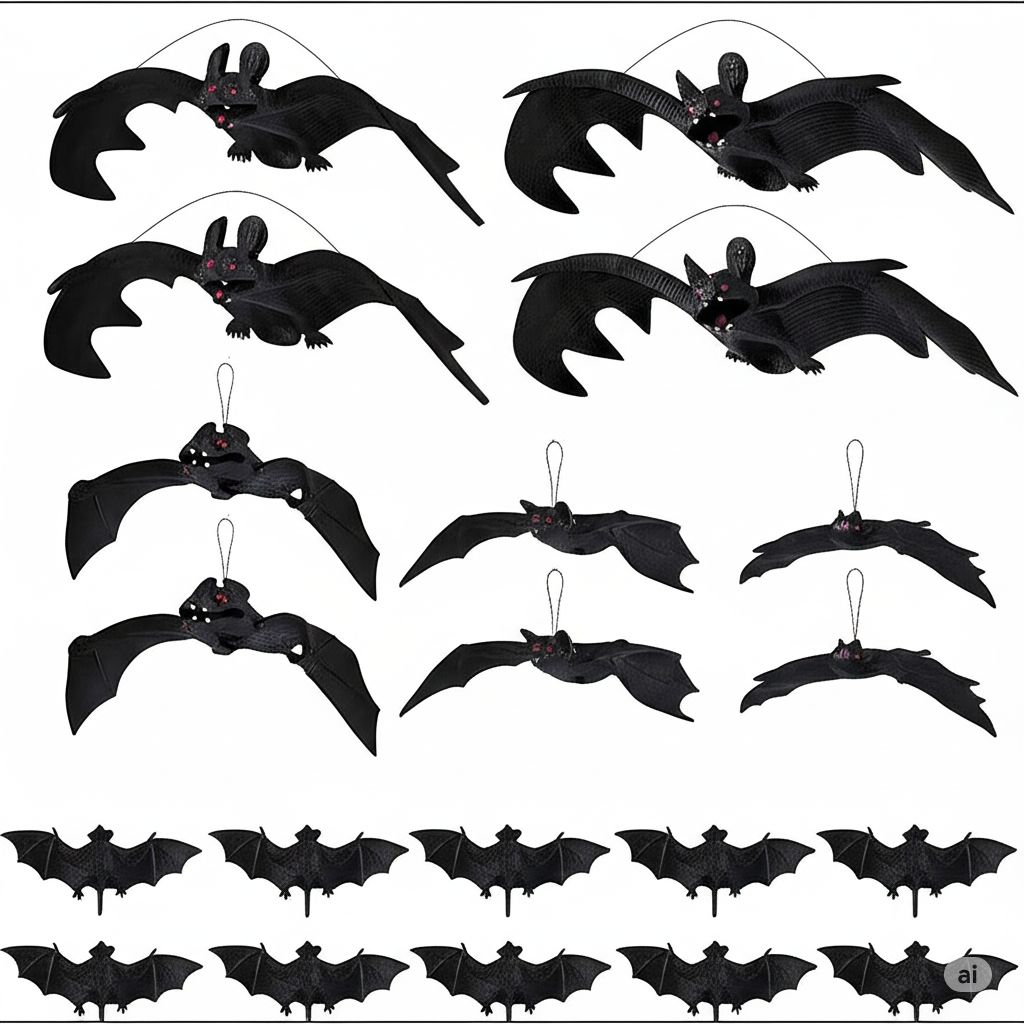 Halloween Decorative Bats Set of 60 bats in 4 different sizes, 10pcs 12.6x3.5in, 10pcs 9.4x2.4in, 30pcs 7x1.6in and 10pcs 6.3x3.2in, which can meets your different needs WIDE APPLICATIONS: Stick these bats on cabinets, bookshelf, walls, doors and windows, and then arrange them as you like. It can be applied for Halloween, Eve party, ghost festival and other occasions, bring some horror atmosphere to the Hallowmas party EASY TO USE: Bats Set comes with adhesive strips. You just place adhesive on the back of the bats, where the wings meet in the middle, and affix them to a variety of smooth and dry surfaces. Bats packed flat, DIY them into different wing angles. arrange them as you like