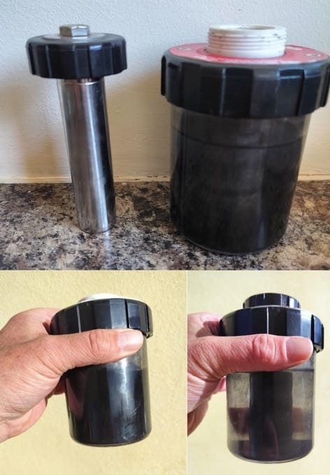 An image showing before and after of an ADEY MagnaClean Demonstration Jar