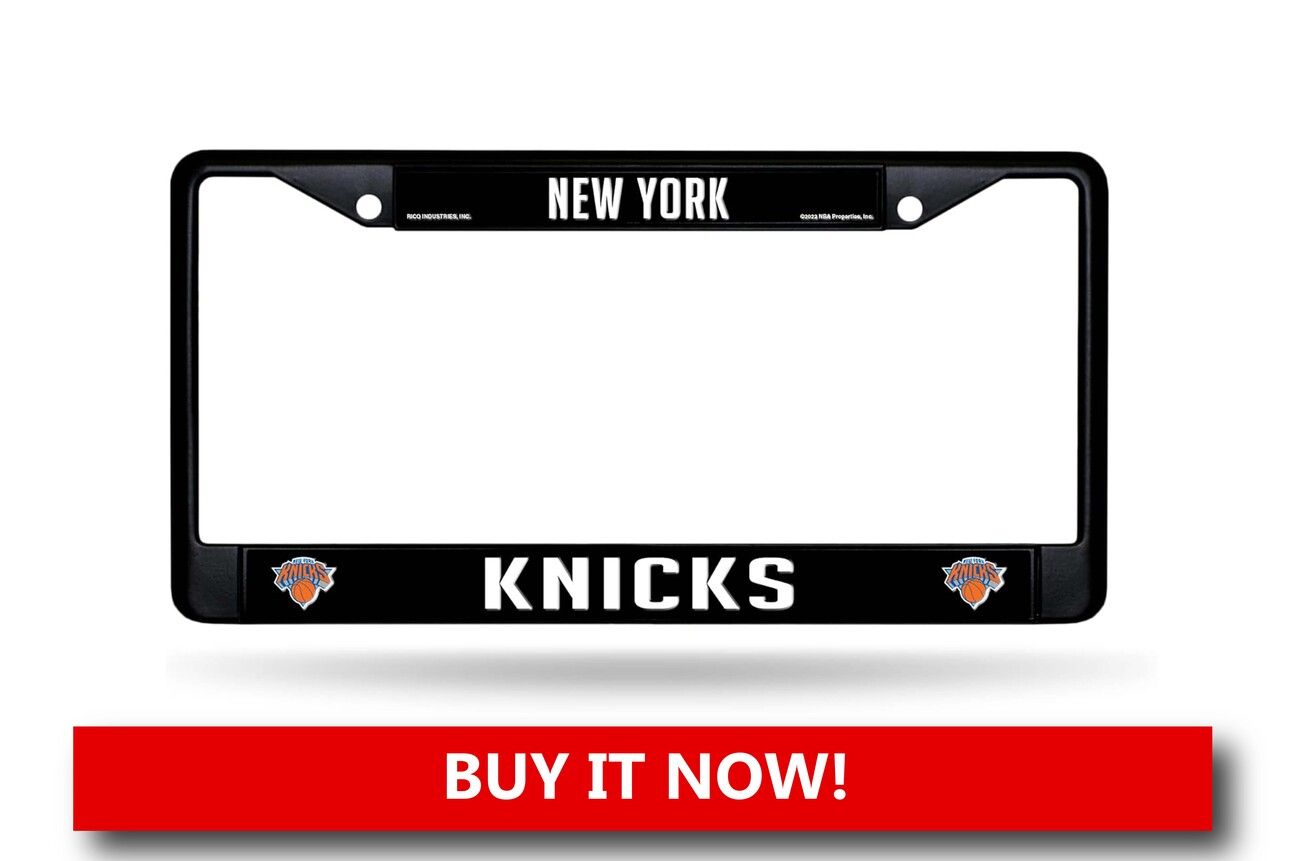  New York Knicks License Plate Frame A metal license plate frame with “New York Knicks” printed in team colors across the top and bottom, shown on the back of a car to highlight its sleek finish and bold fan statement.