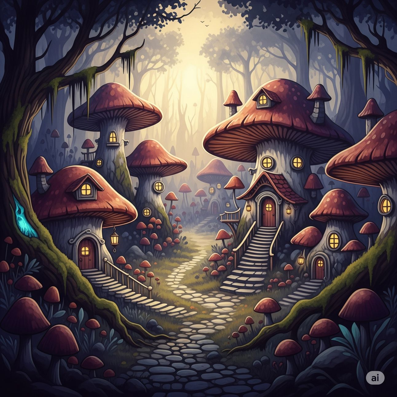 Ultra-detailed watercolor painting of a fantasy mushroom village at sunrise with a dark fantasy mood and soft, mysterious lighting.