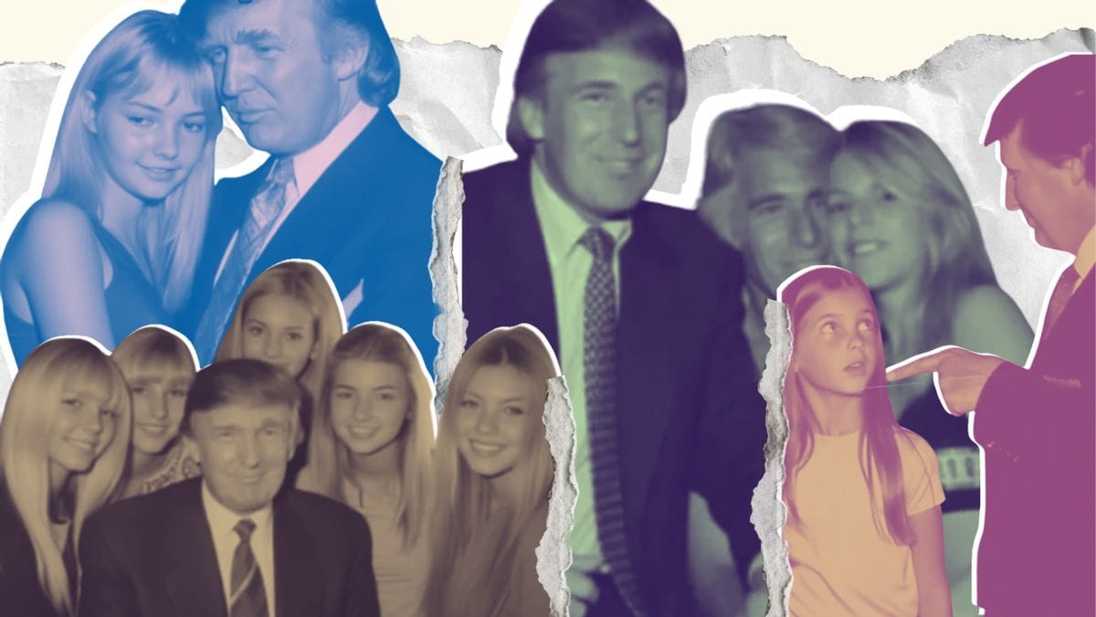 A collage shows different images of a white man with young girls in different colors. One of the images near the middle shows the man, another white man and a girl.
