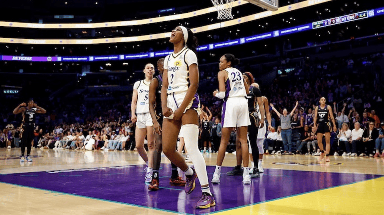 Rickea Jackson #2 of the Los Angeles Sparks reacts after a blocking the shot by Saniya Rivers