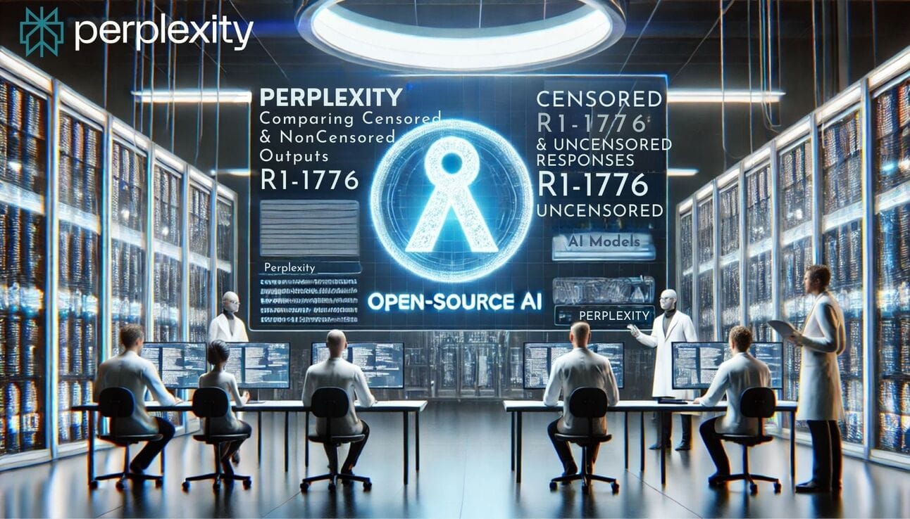 A futuristic AI research lab where scientists in white lab coats analyze Perplexity’s R1-1776 model on large digital screens. The screens display comparisons of censored and uncensored AI responses, emphasizing transparency and free access to information. A glowing "Open-Source AI" logo is prominently featured in the background, symbolizing the push for unbiased and factual AI models.