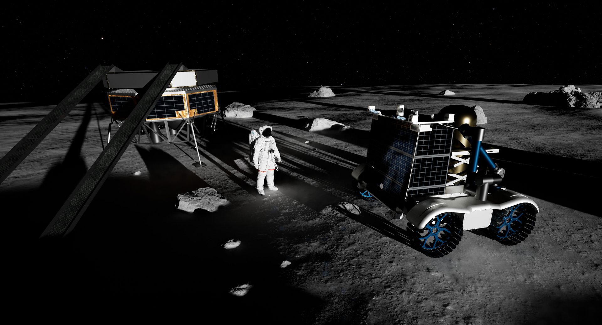 An artist’s render of an astronaut, a rover and a lander on the lunar surface.
