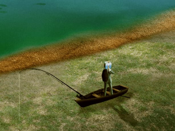 A whimsical illustration of a humanoid fstanding in a small boat on dry land, holding a fishing rod that reaches toward the nearby water. The scene has a dreamlike, surreal atmosphere with muted earth tones and a calm, reflective mood