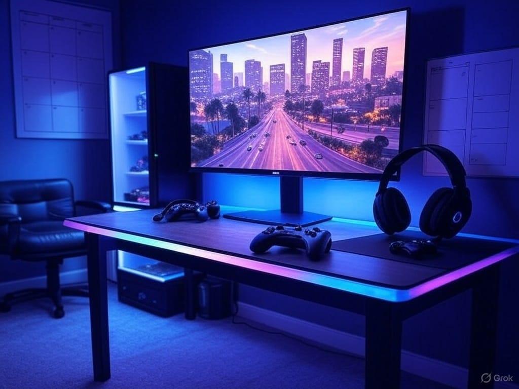 A high-end gaming room for a hardcore GTA fan, bathed in neon blue and pink lighting. An RGB-lit desk features a widescreen monitor in a 16:9 cinematic layout, displaying a vibrant GTA 6-style cityscape with skyscrapers and palm trees. A pro controller and wireless headset rest on the desk, while a custom whiteboard planner hangs on the wall. A mini fridge with a glass door stands to the left, and a gaming chair is positioned nearby, creating a sleek, immersive setup.