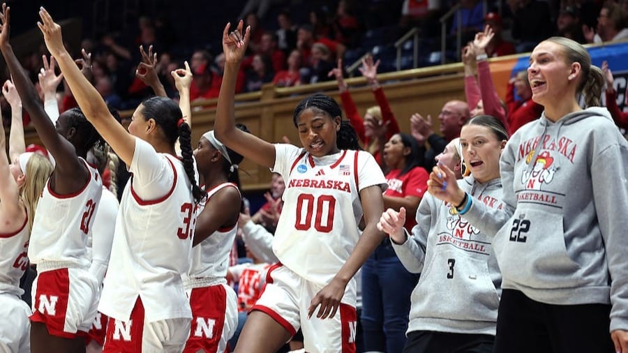 Players of the Nebraska Cornhuskers react from their bench in the second half against the Richmond Spiders during a First Four game of the 2026 NCAA Women's Basketball Tournament 