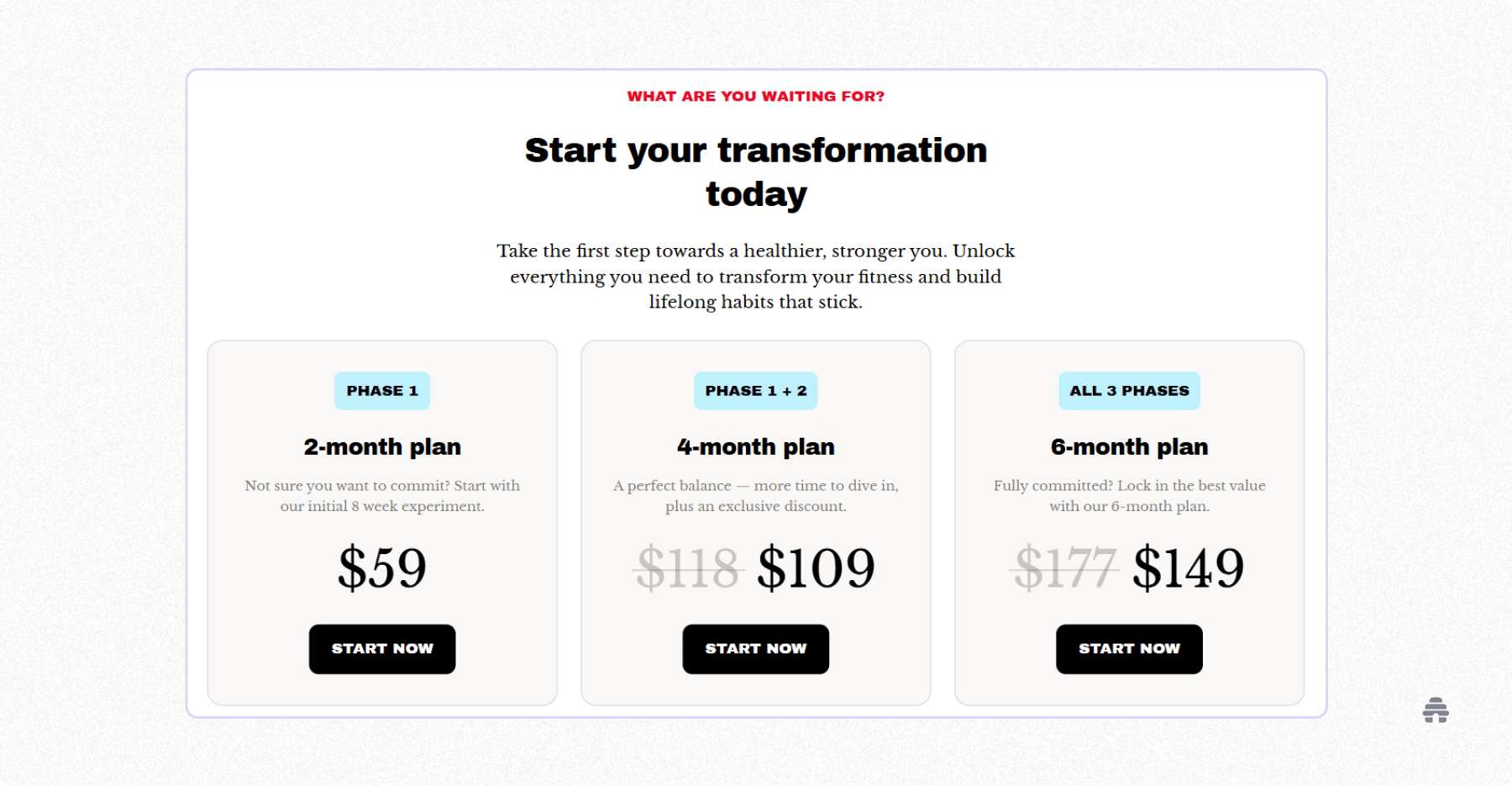 Fitness program pricing page showing 2-, 4-, and 6-month transformation plans with descriptions, discounted rates, and ‘Start Now’ buttons to begin the program