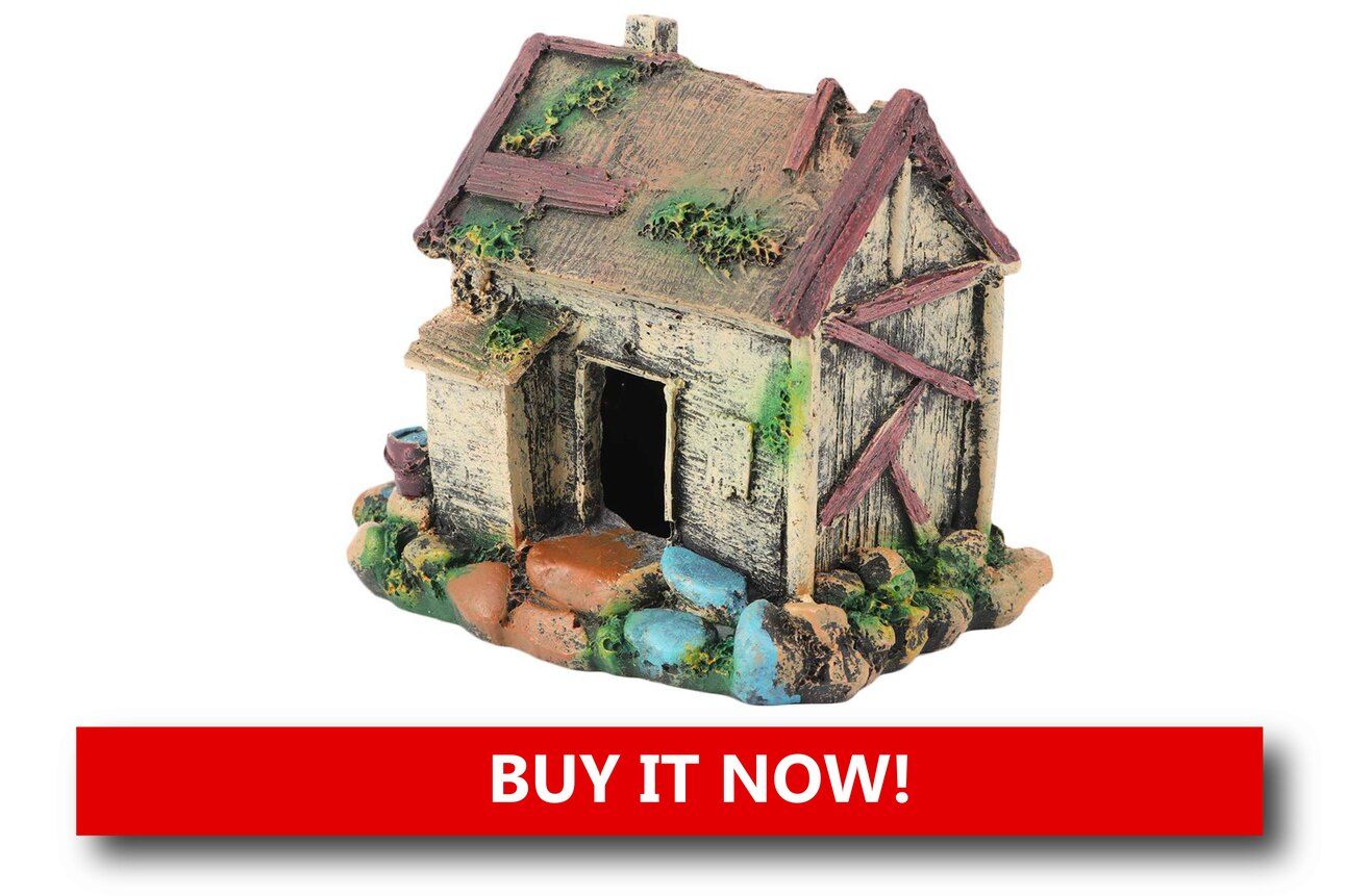 Resin House Hideout Alt text: A small resin holiday house with open windows and doors placed in the corner of the aquarium, with shrimp hiding inside.