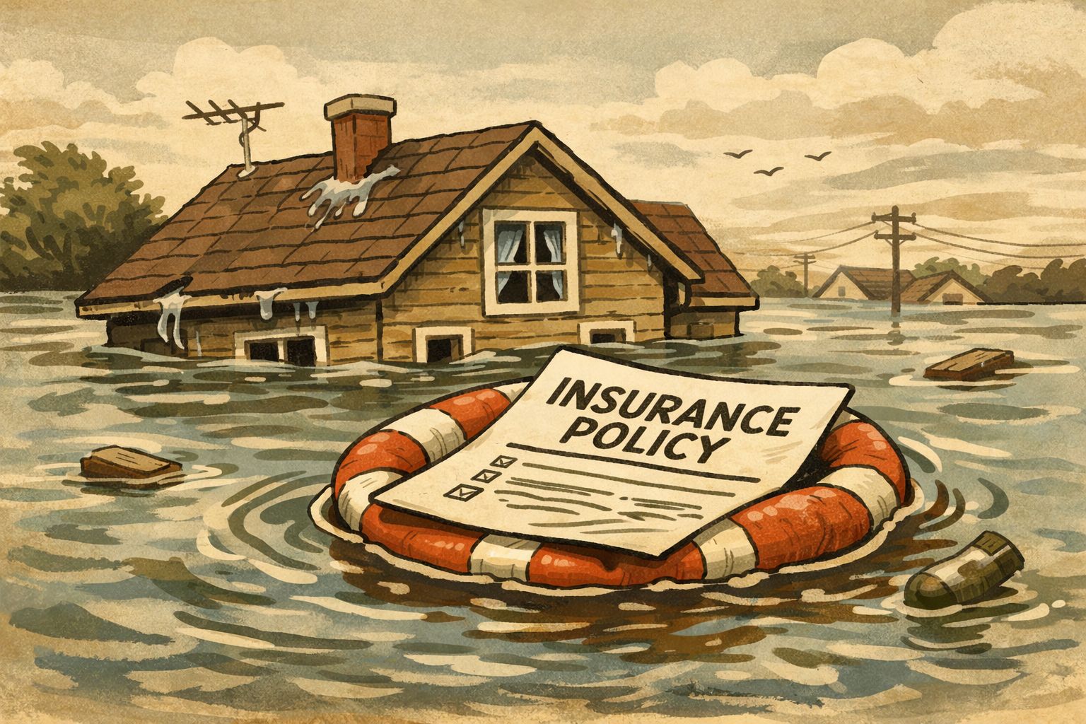 Illustration of a flooded house with an insurance policy document floating in a life preserver ring