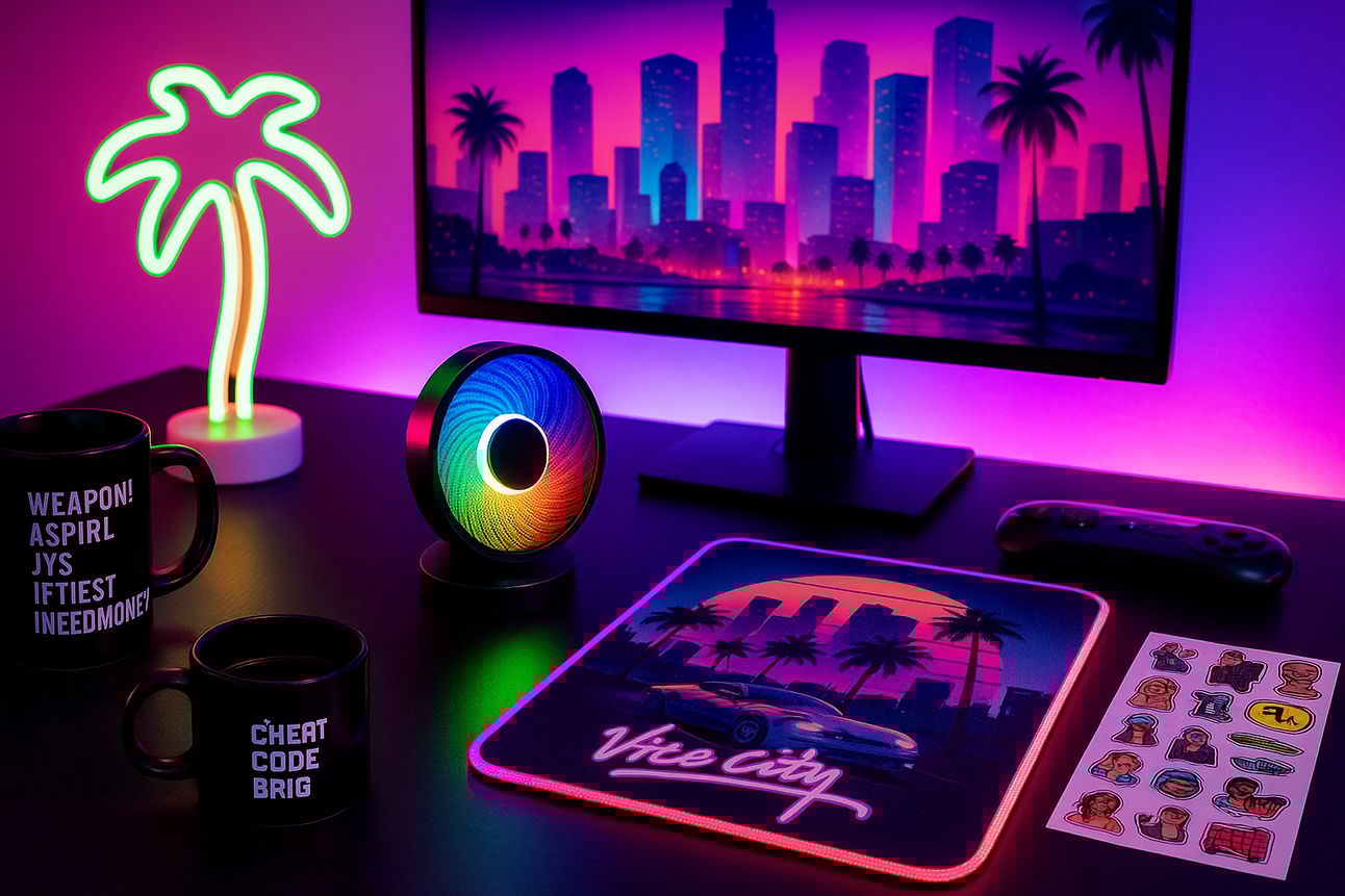 A vibrant GTA-inspired gaming desk setup featuring a glowing neon palm tree sign, two black mugs with cheat code text, an RGB desk fan, a Vice City-themed mouse pad with a retro sports car and skyline, a sticker sheet with illustrated characters, and a widescreen monitor displaying a neon pink and purple cityscape, all lit in a cinematic 16:9 layout.