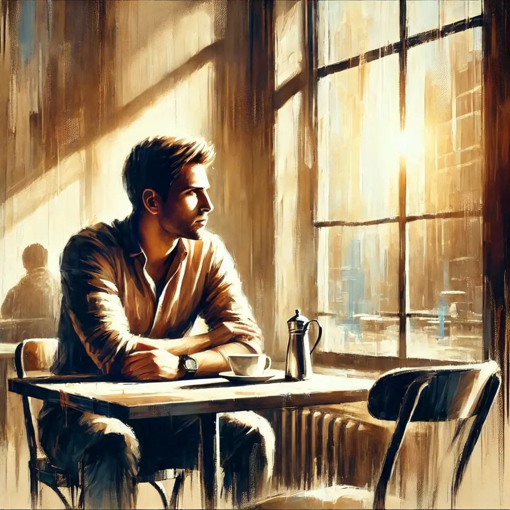 A modern artistic painting of a man seated alone by a café window, looking out thoughtfully. Sunlight streams softly through the window, casting a warm glow on the table, emphasizing his calm and contemplative demeanor.