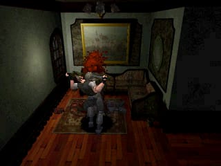 A screenshot of Chris Redfield being gnawed on by a zombie, with blood flying out of his neck as the zombie bites down, in the first room in which you find a zombie in the original game.