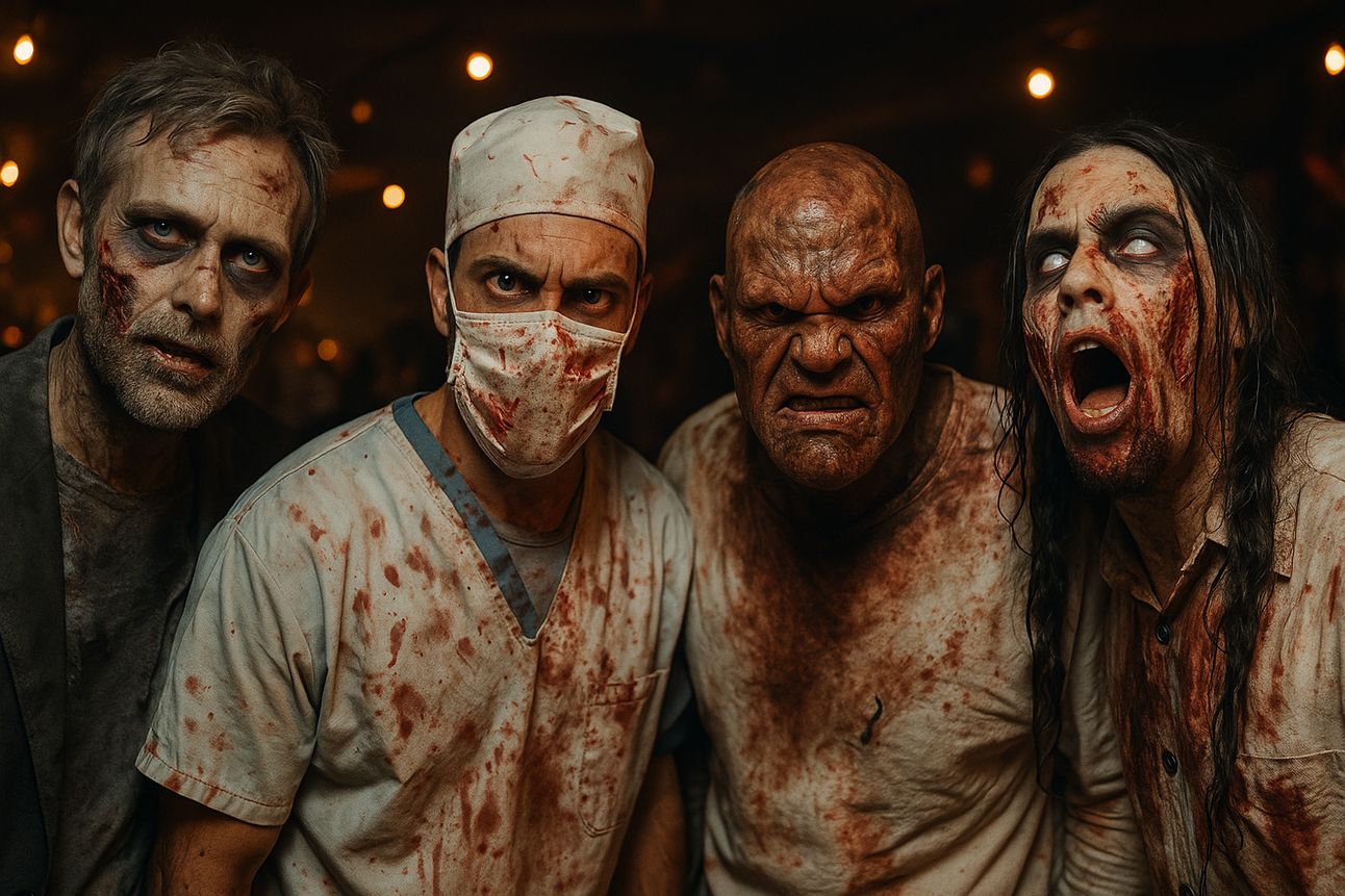 Four men in terrifying Halloween costumes pose at a party under dim orange string lights. Their gory looks include a decaying zombie with sunken eyes, a blood-splattered psycho doctor in scrubs and a surgical mask, a bald and muscular monster with a snarling face, and a long-haired undead figure with white contact lenses and smeared blood. The intense makeup and lighting create a chilling horror effect.