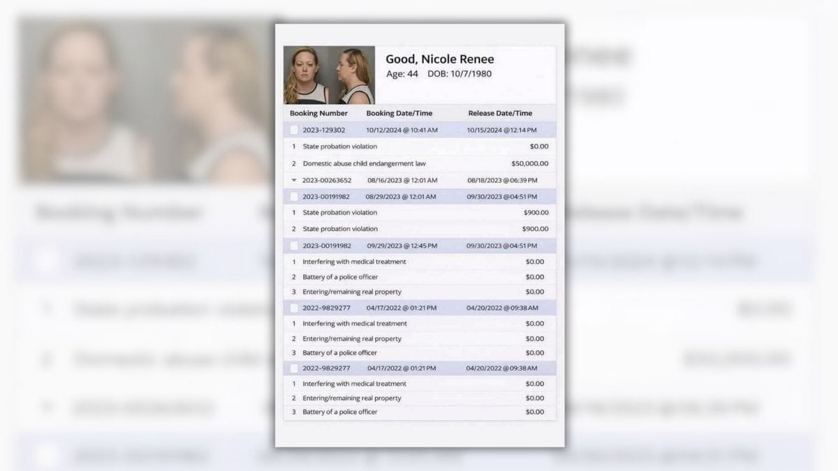 An image claims to show the criminal record of a woman. It's titled "Good, Nicole Renee" and states her age to be 44.