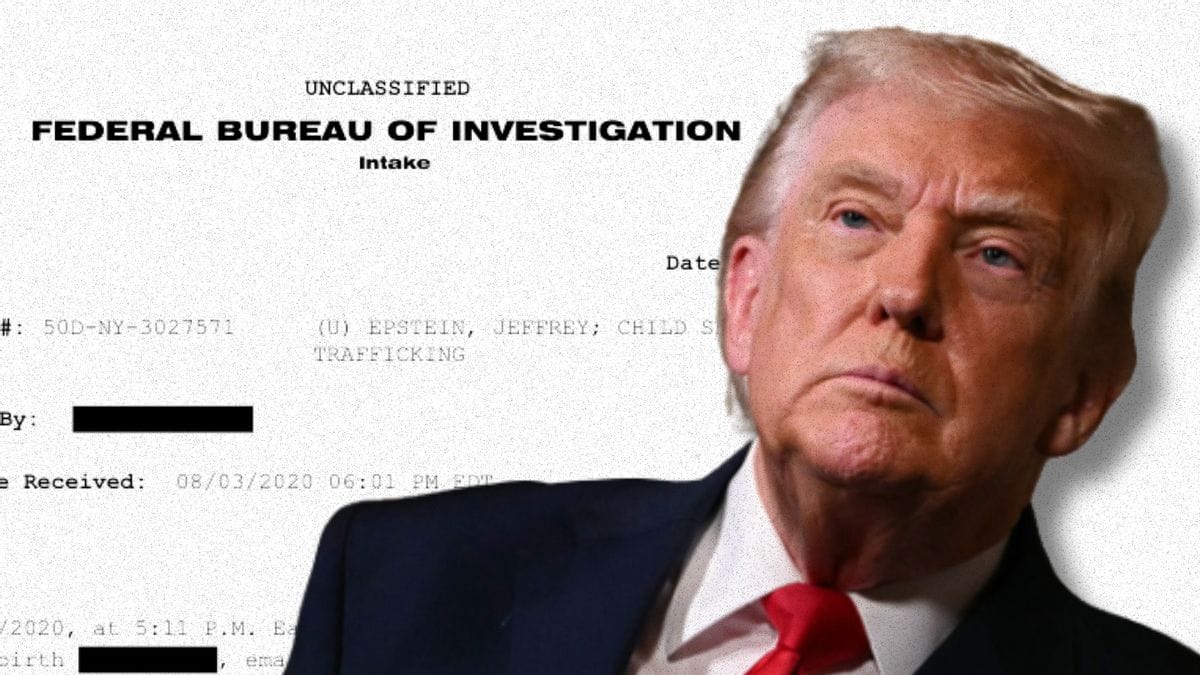 A white man wearing. ablack suit is pictured to the right of a partially-redacted document that says UNCLASSIFIED FEDERAL BUREAU OF INVESTIGATION Intake.