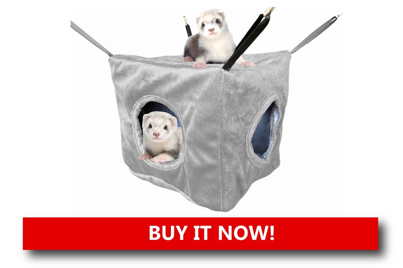 Ferret Hammocks Alt text: A double-layer fleece ferret hammock in a winter print, suspended in a cage with a ferret curled up sleeping inside.