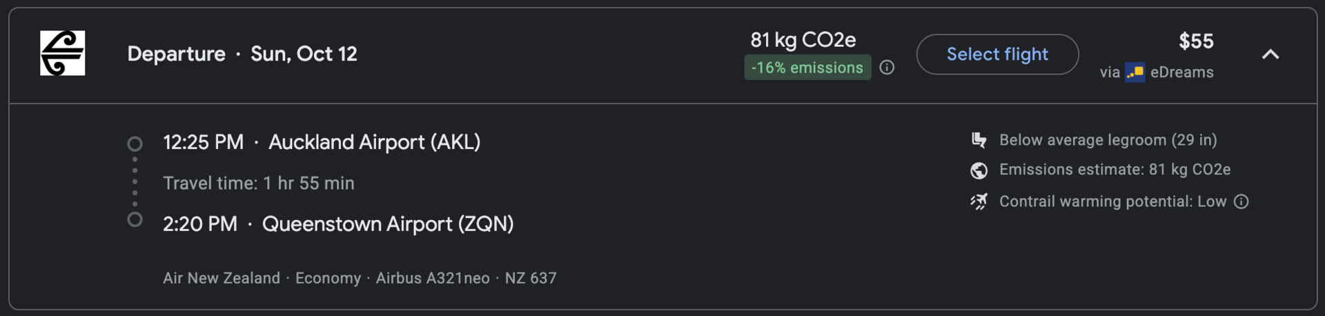 Domestic Air New Zealand flight for $55