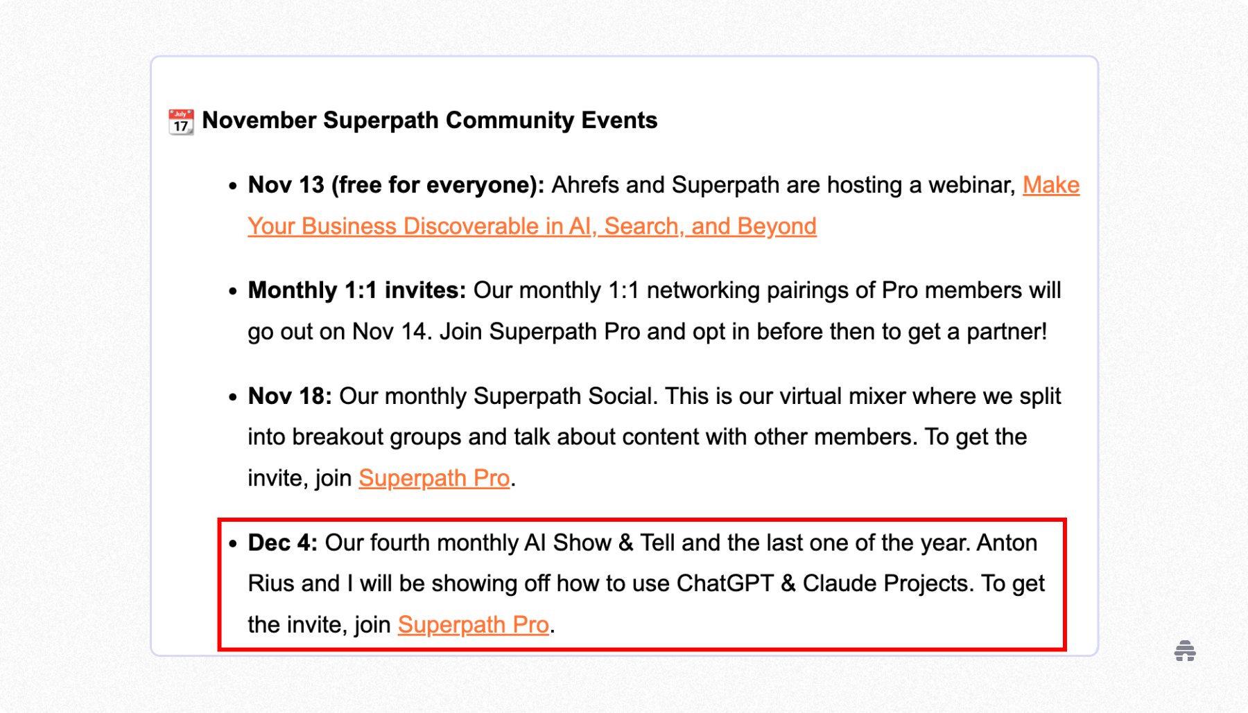 Newsletter section listing November Superpath community events, highlighting a December 4 AI Show & Tell where creators demonstrate using ChatGPT and Claude Projects for members