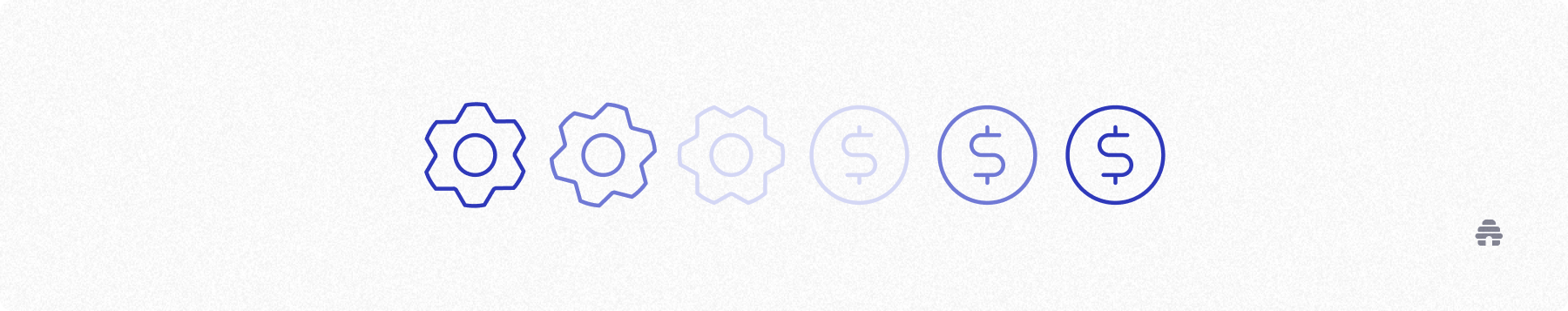 Minimal illustration showing gears transitioning into dollar icons, representing a creator turning newsletter operations into revenue on beehiiv.