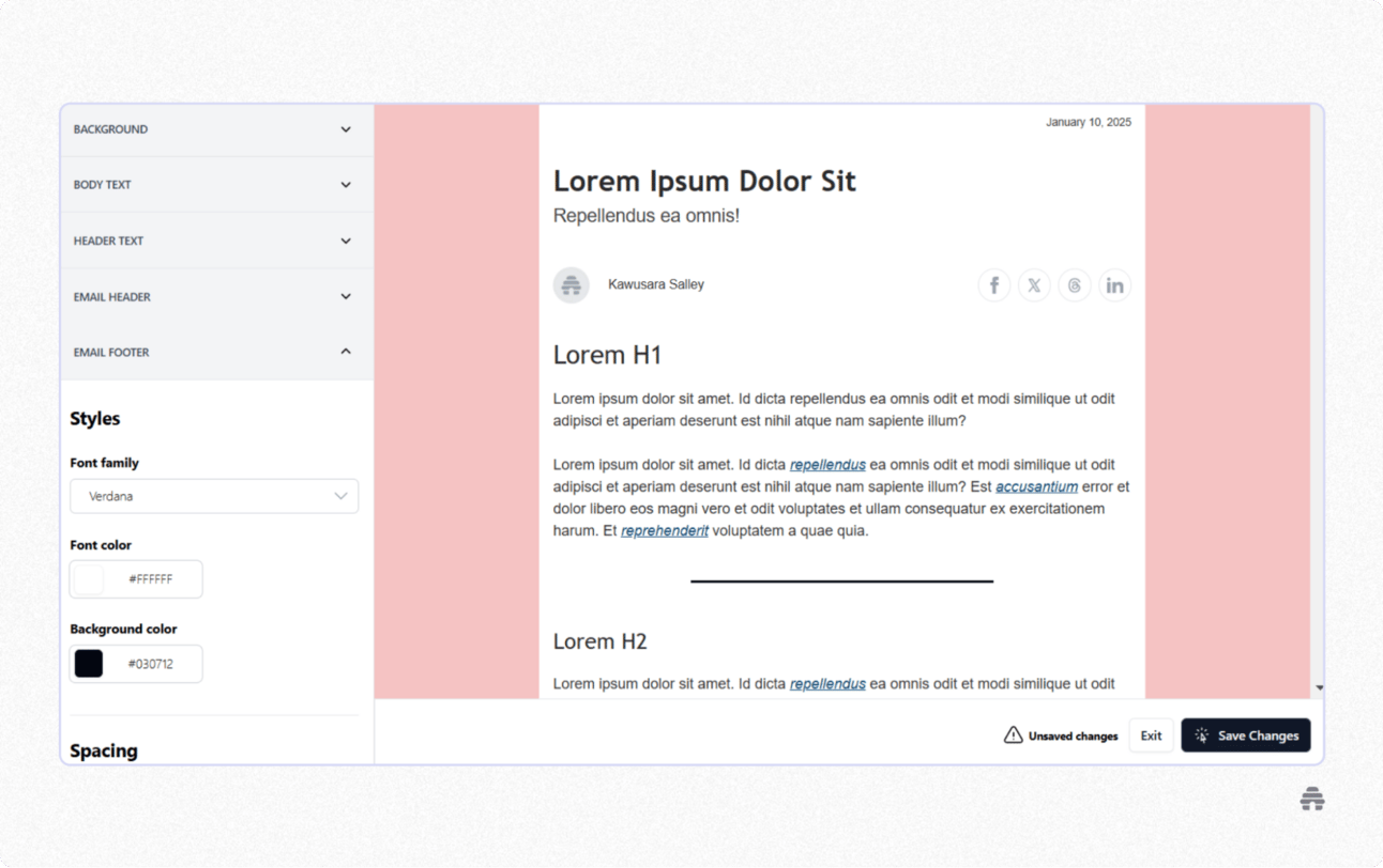 beehiiv newsletter editor showing style customization options for fonts, colors, and layout in an email template. Illustrates how creators design and format newsletters inside the beehiiv publishing platform.