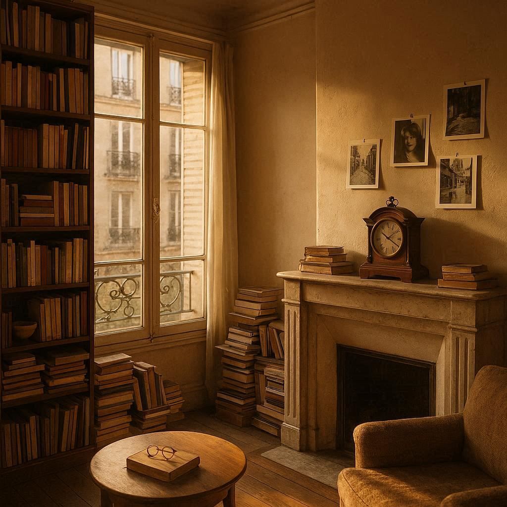Intérieur d'un appartement parisien avec des livres, une pendule ancienne et des photographies en noir et blanc