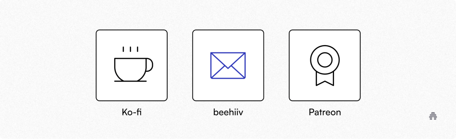 Three labeled icons—Ko-fi, beehiiv, and Patreon—are shown side by side, representing creator monetization platforms used to support newsletters and independent creators. The layout highlights beehiiv as an email-first publishing tool alongside membership and tipping services.