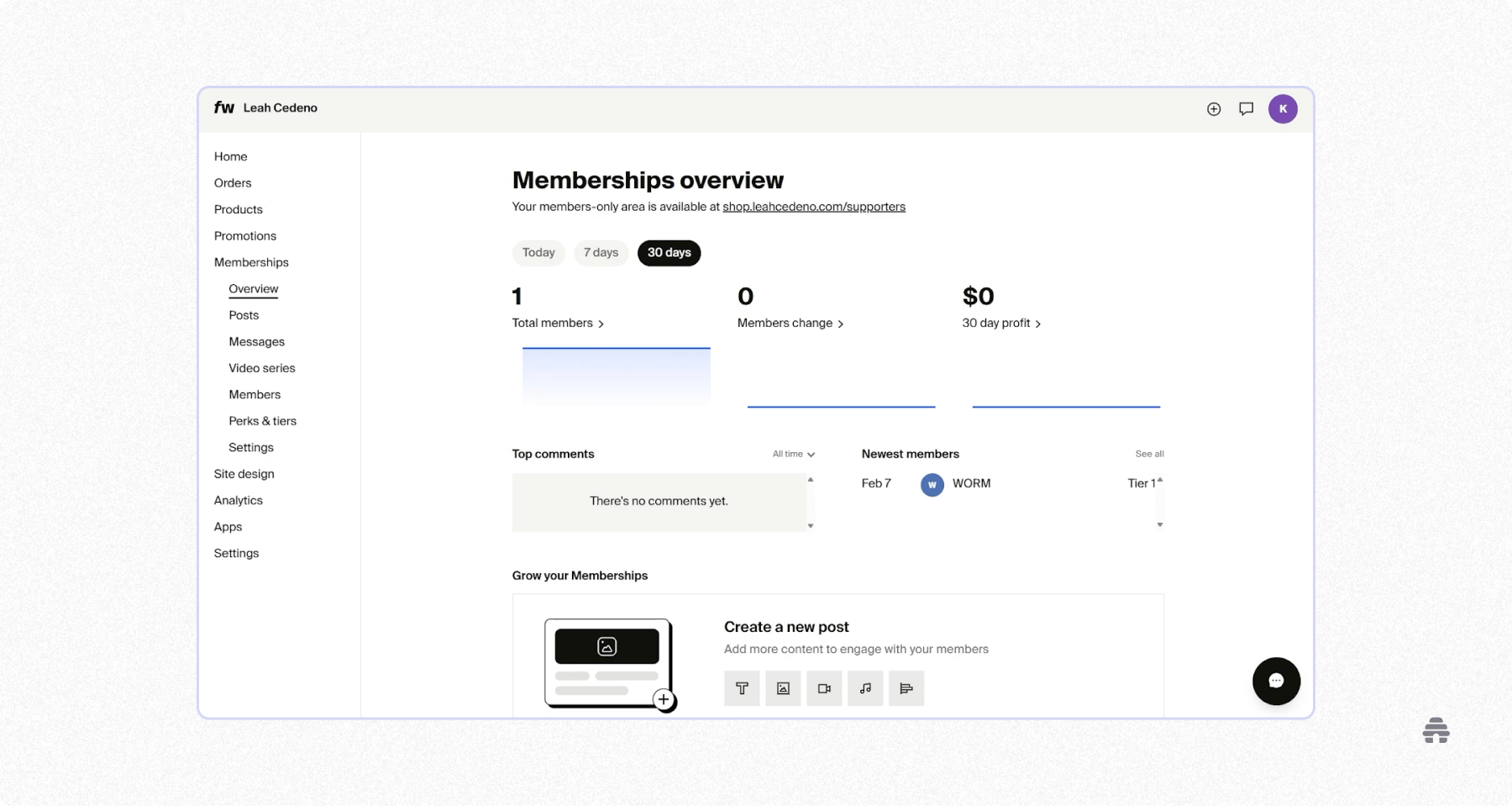 Membership dashboard overview for a creator showing total members, revenue, growth metrics, and tools to manage posts and subscriber engagement.