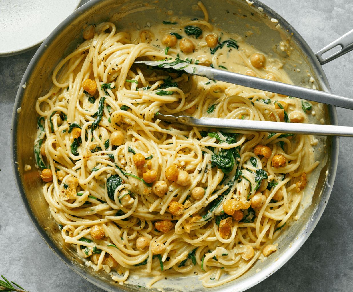 Creamy Chickpea Pasta With Spinach and Rosemary