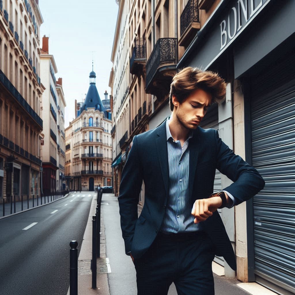 A young man rushing through quiet Sunday morning streets in Lyon looking for an open shop