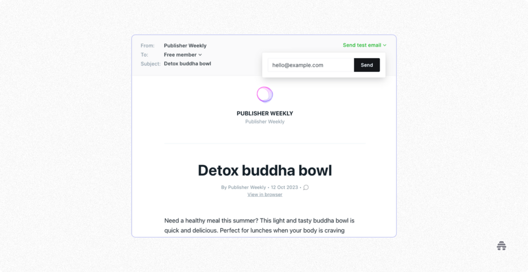 beehiiv email preview showing a creator testing a newsletter send with subject line, content layout, and “send test email” feature.