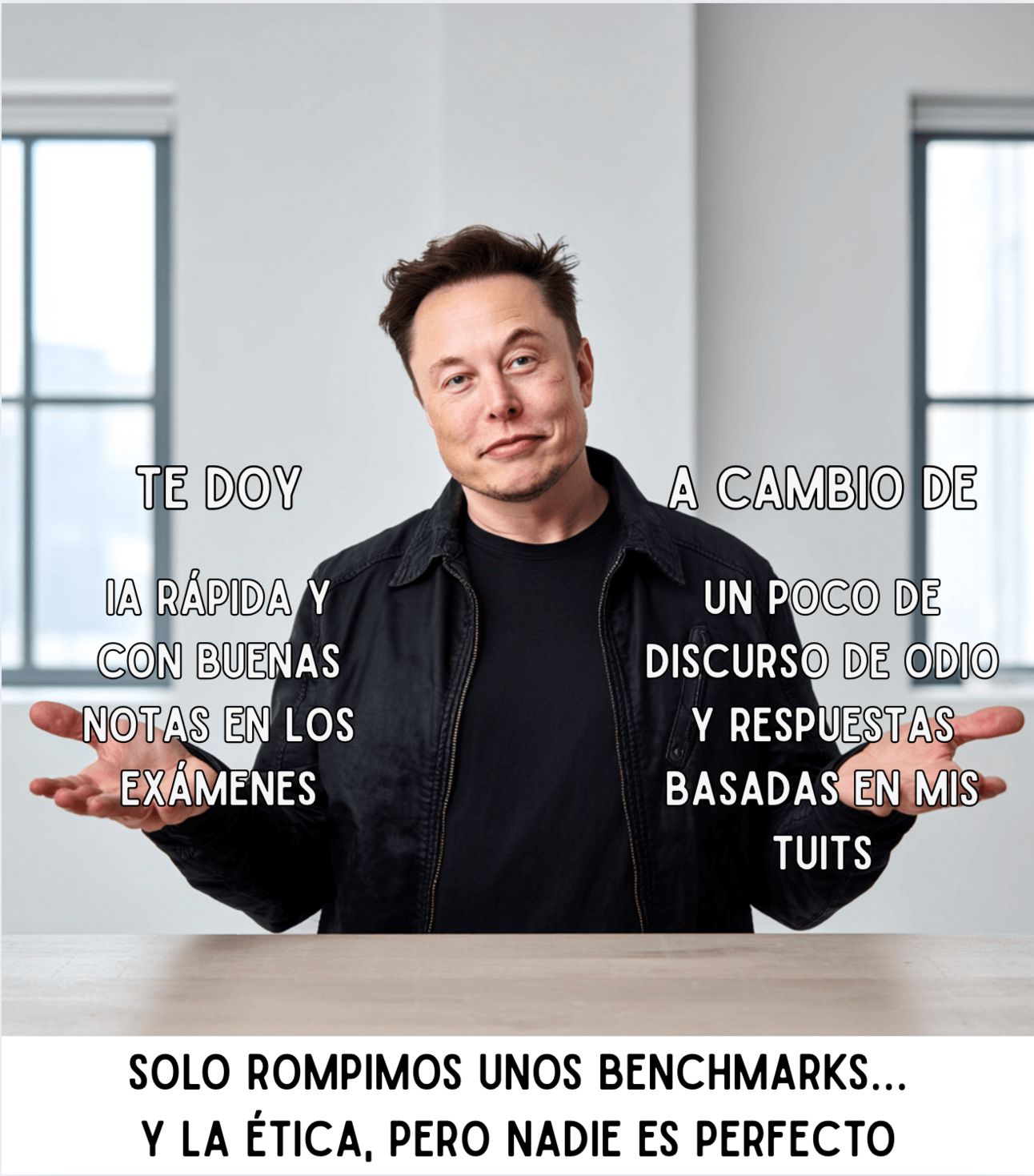 Meme con Elon Musk ofreciendo IA rápida a cambio de sesgos y respuestas basadas en sus propios tuits.
