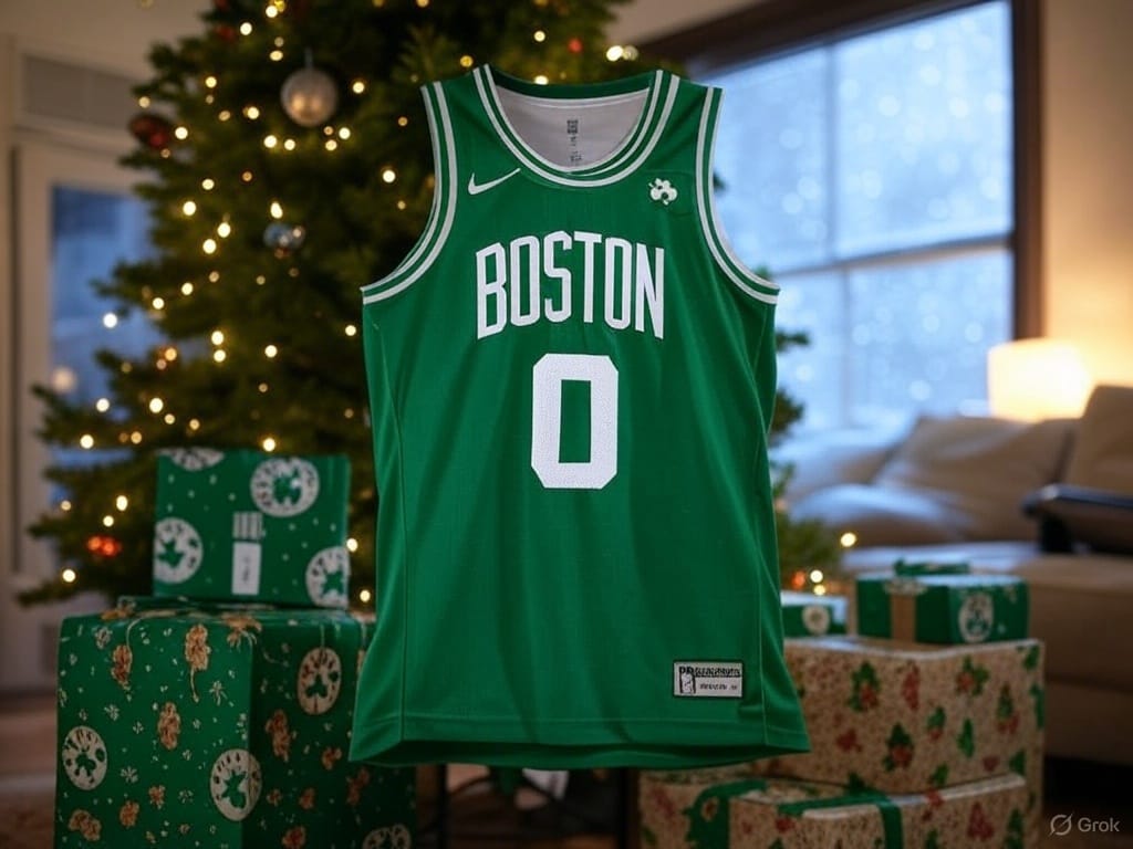 A dynamic cover art showcasing the Boston Celtics logo, a basketball, and a green jersey, surrounded by festive Christmas touches like a tree adorned with ornaments, wrapped presents, and gentle snowflakes, embodying Celtics fandom and holiday spirit