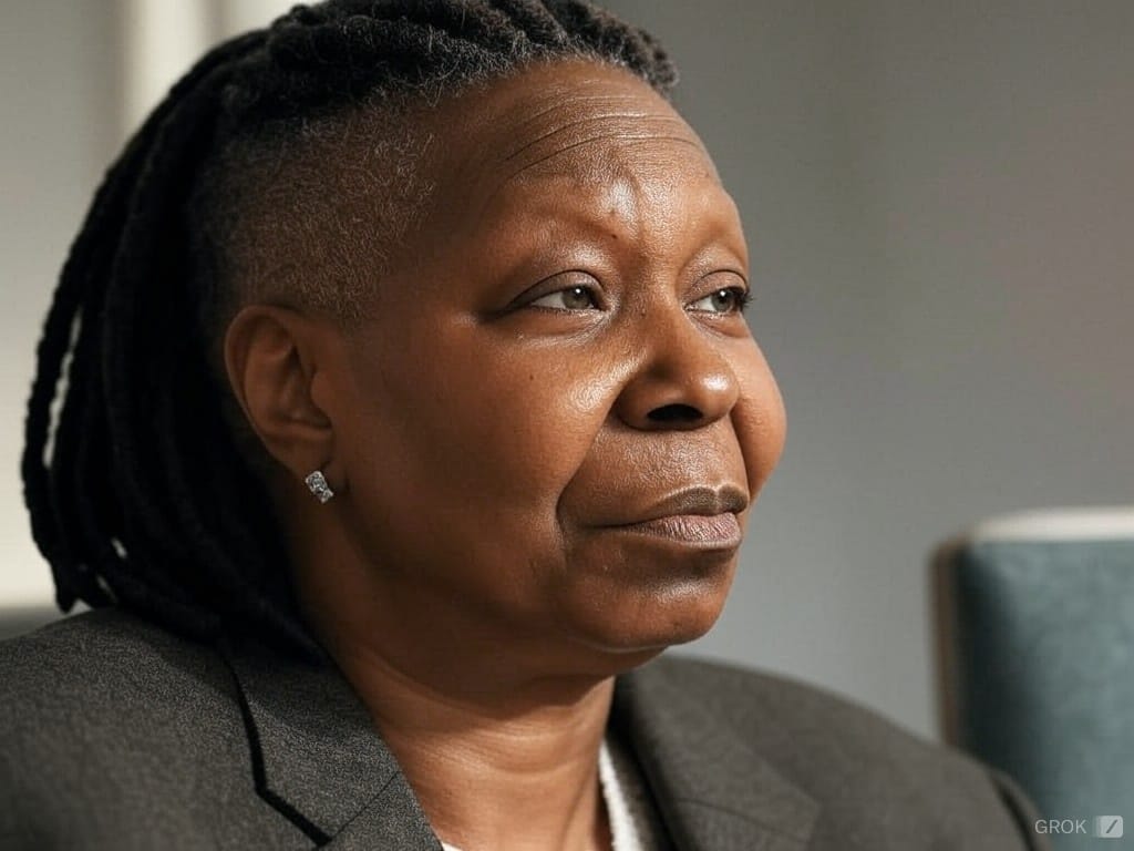 Whoopi Goldberg, an EGOT winner, standing on stage, celebrated for her roles in The Color Purple and Ghost.